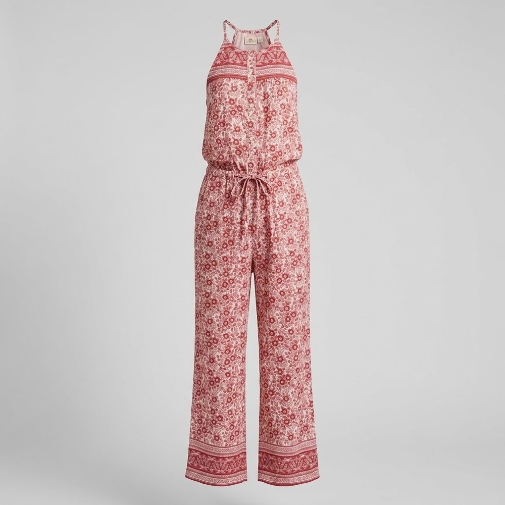 NWT Faherty Adella Jumpsuit XS Sun Up Block Print Organic Cotton Pink Red Romper